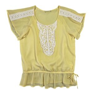 Sonoma Yellow Lace Trim Peplum‎ Blouse Shirt Womens M Short Sleeve Crochet Boho